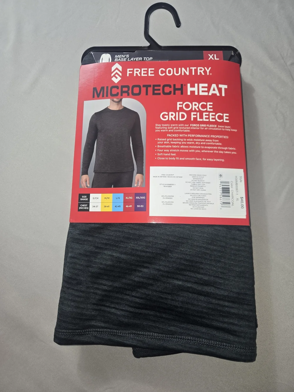 Free Country Men’s Microtech Heat Base Layer Top - Charcoal Gray - XL